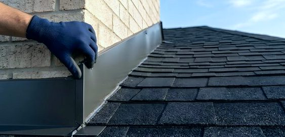 Steady gloved hands setting new flashing against brick